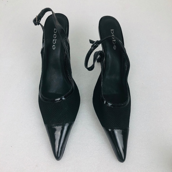 Bebe Black Patent Leather Mesh Pumps Heels Sz 7 - Picture 1 of 7